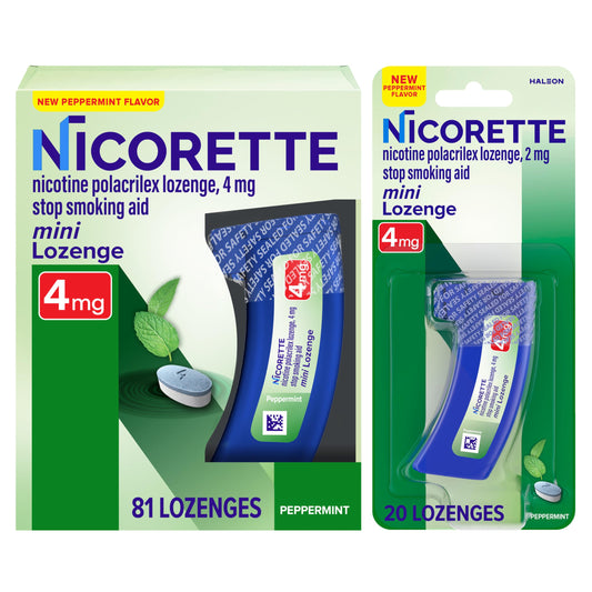 Nicorette Mini Lozenges Peppermint packaging helps curb cravings on the go