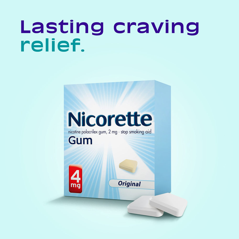 Nicorette 4 mg gum bottle close-up with original formula label
