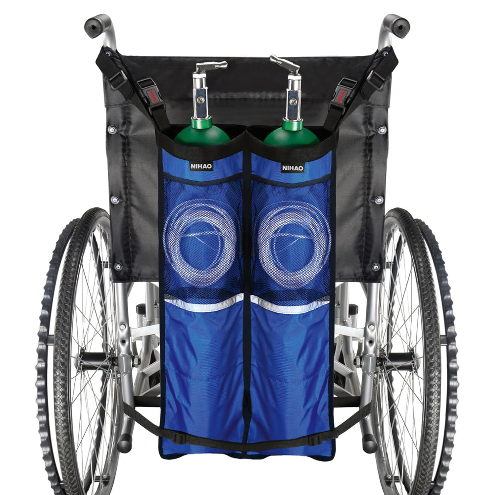 NIHAO dual oxygen tank holder attached to a wheelchair showing secure fit and ease of use