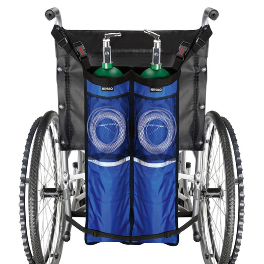 NIHAO dual oxygen tank holder attached to a wheelchair showing secure fit and ease of use