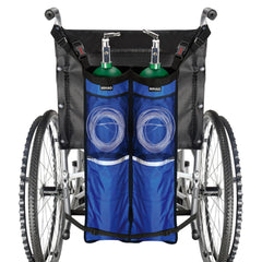 NIHAO dual oxygen tank holder attached to a wheelchair showing secure fit and ease of use