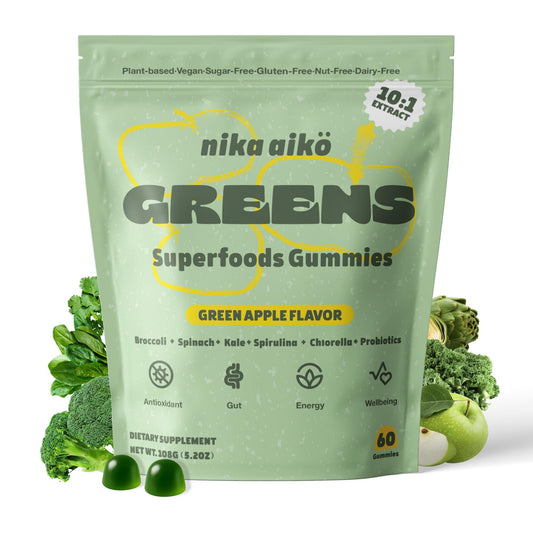 nika aiko Greens Gummies bottle front shows apple-flavored vegan energy support