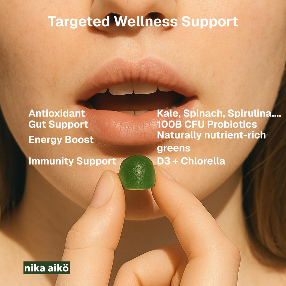 Nika Aiko Greens Gummies greens blend with spinach, kale, broccoli