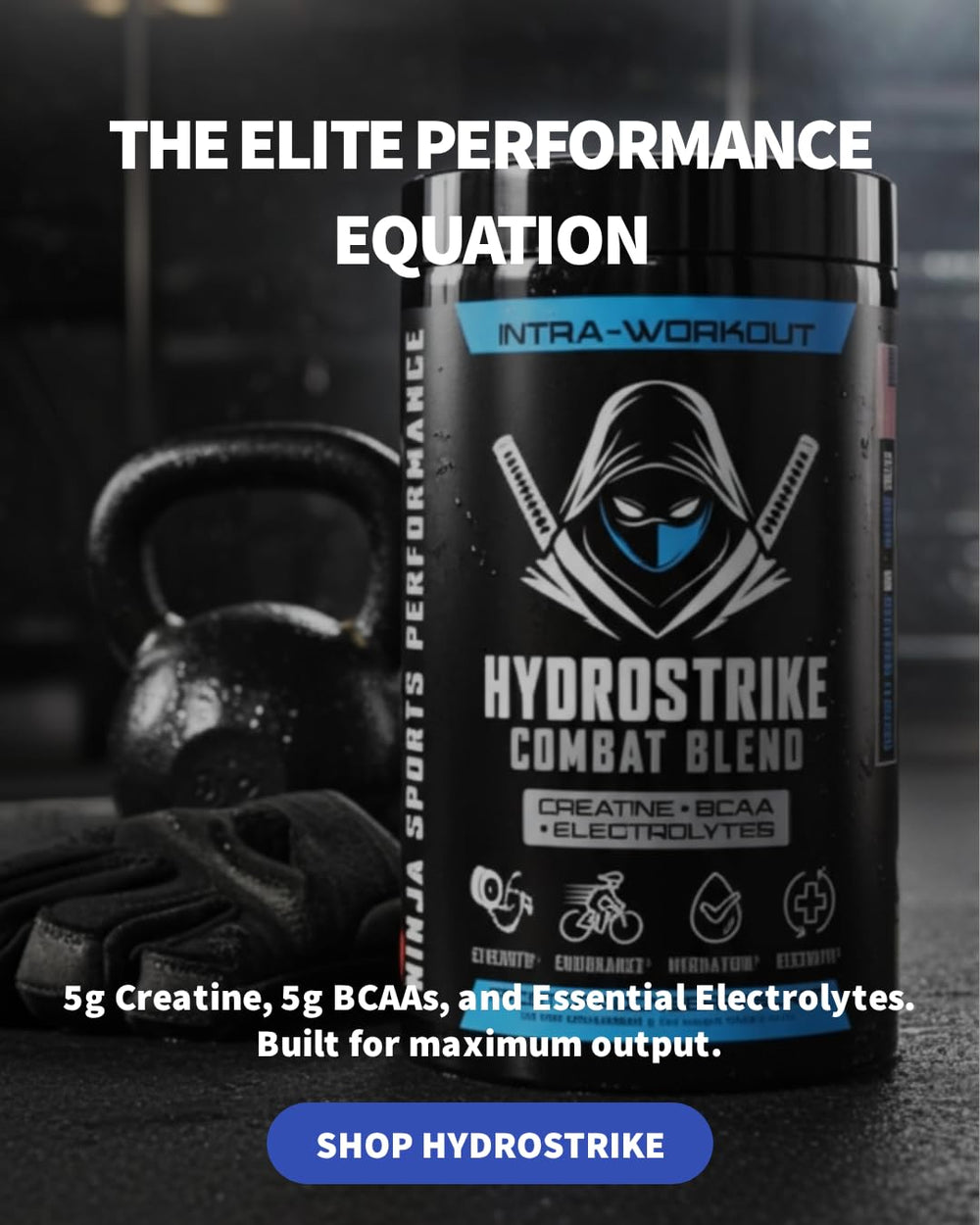 Ninja HydroStrike Combat Blend label front highlights zero sugar formula and BCAAs