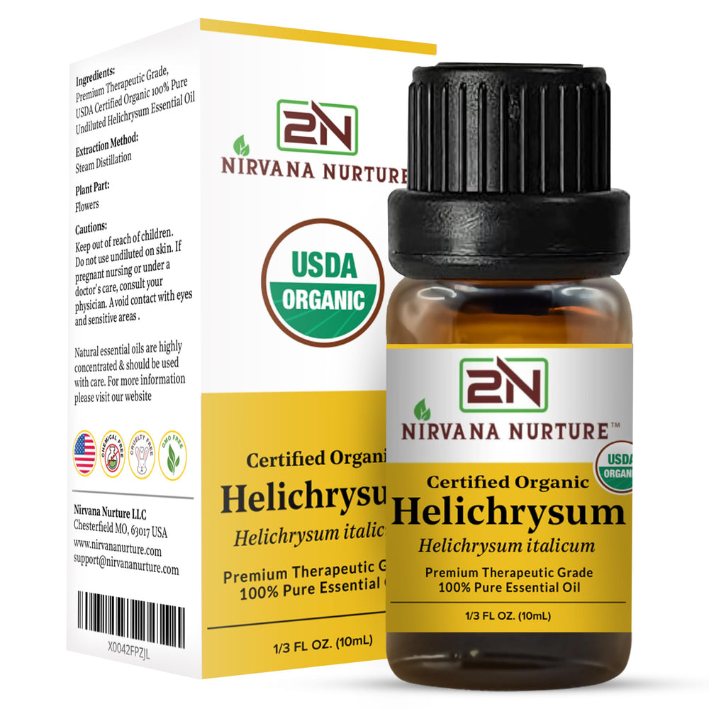 Nirvana Nurture Helichrysum oil label close-up shows organic certification.