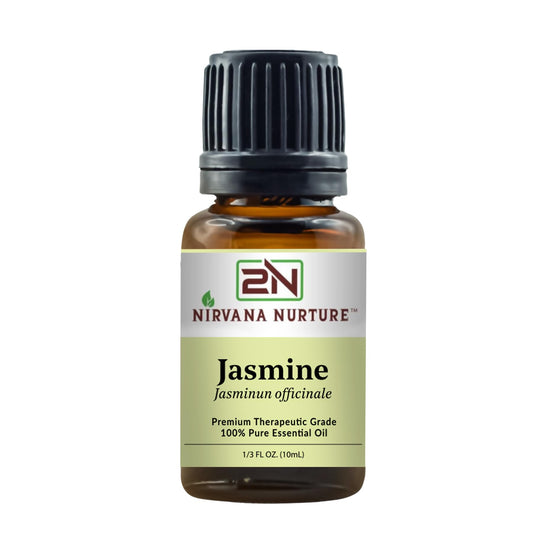 Nirvana Nurture Jasmine essential oil bottle showing premium packaging and aroma potential.