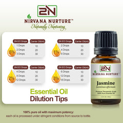Nirvana Nurture Jasmine essential oil packaging highlighting purity and testing.