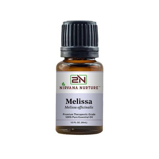 Nirvana Nurture Melissa oil bottle with dropper for calming aromatherapy.