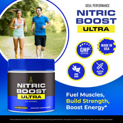 NitricBoost Ultra Powder ingredients panel outlines BCAA blend for recovery support