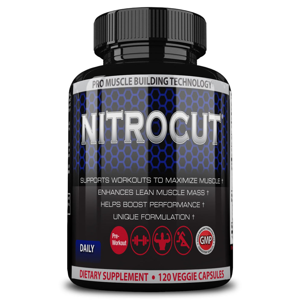 NITROCUT pre-workout bottle close-up showing premium formula for energized training