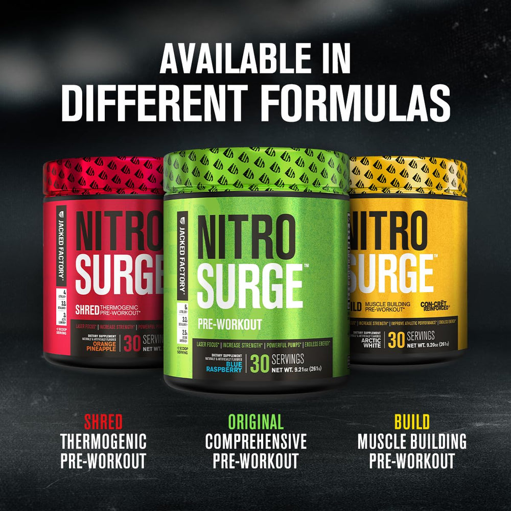 Nitrosurge powder dispensing scoop shows serving-ready mix for workouts.