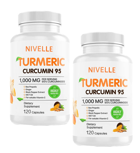 NIVELLE Turmeric Curcumin bottle showing 1000mg capsules for daily support.