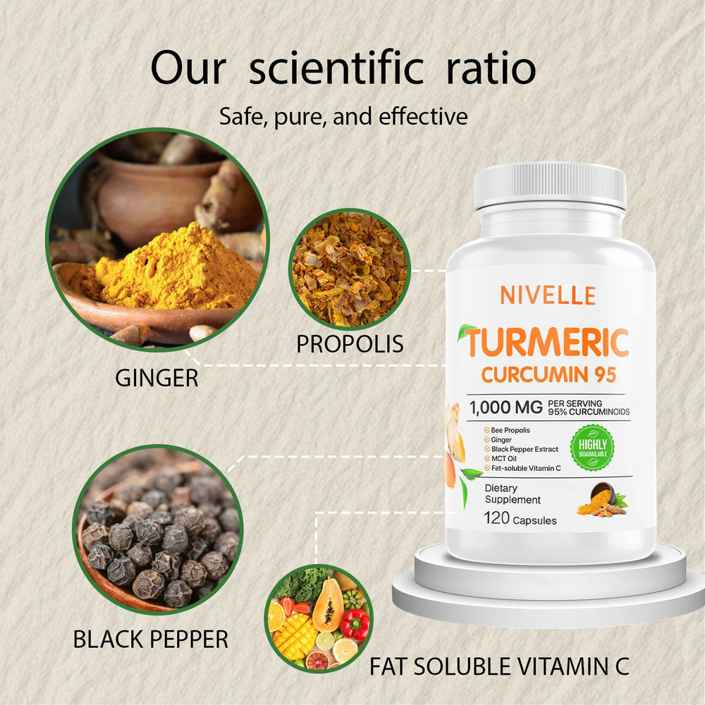 NIVELLE Turmeric Curcumin packaging emphasizes clean, allergen-free formula.