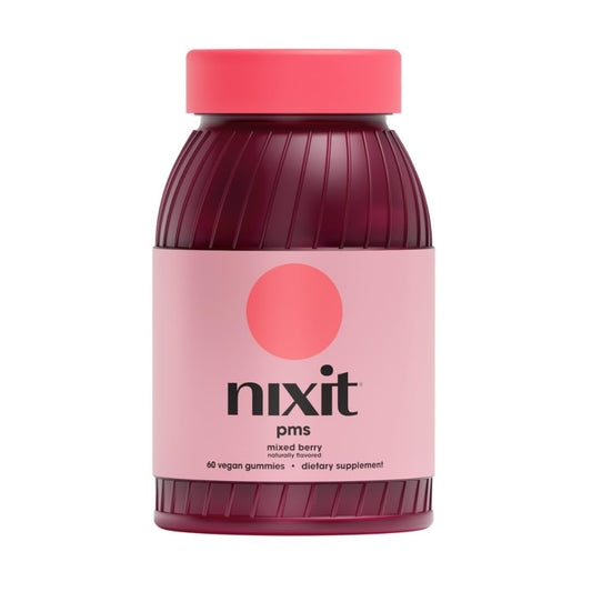 Nixit PMS Support Gummies pack shot with mixed berry flavor and vegan formula for daily cycle support.