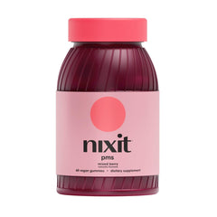 Nixit PMS Support Gummies pack shot with mixed berry flavor and vegan formula for daily cycle support.