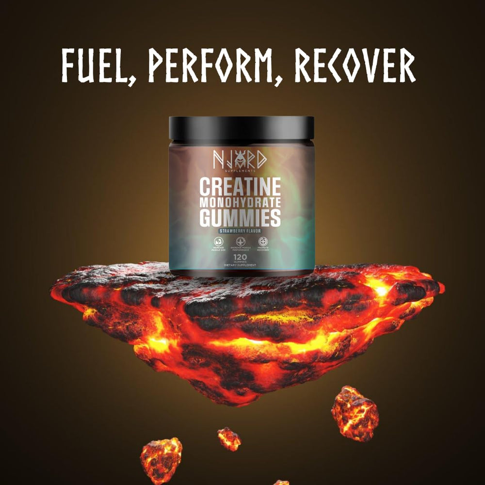 Close-up texture of NJORD Creatine Gummy with chewy strawberry flavor.