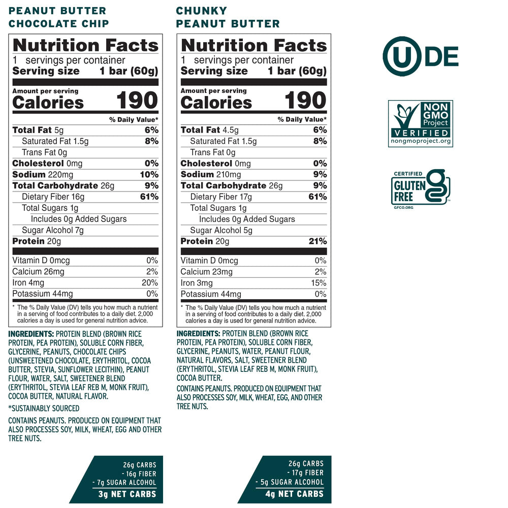 No Cow bars ingredients close-up featuring non-GMO, gluten-free, dairy-free ingredients