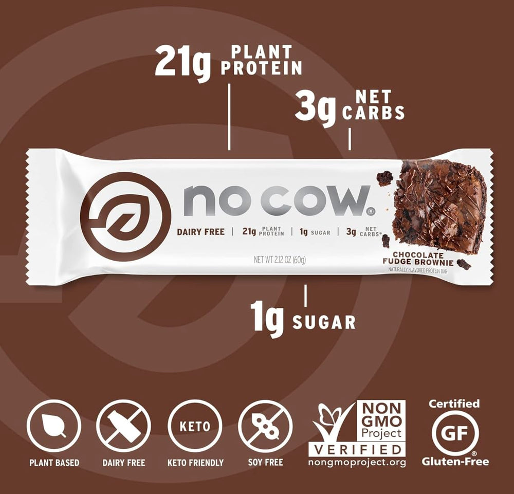 No Cow packaging shows gluten-free and dairy-free attributes for allergen-conscious diets