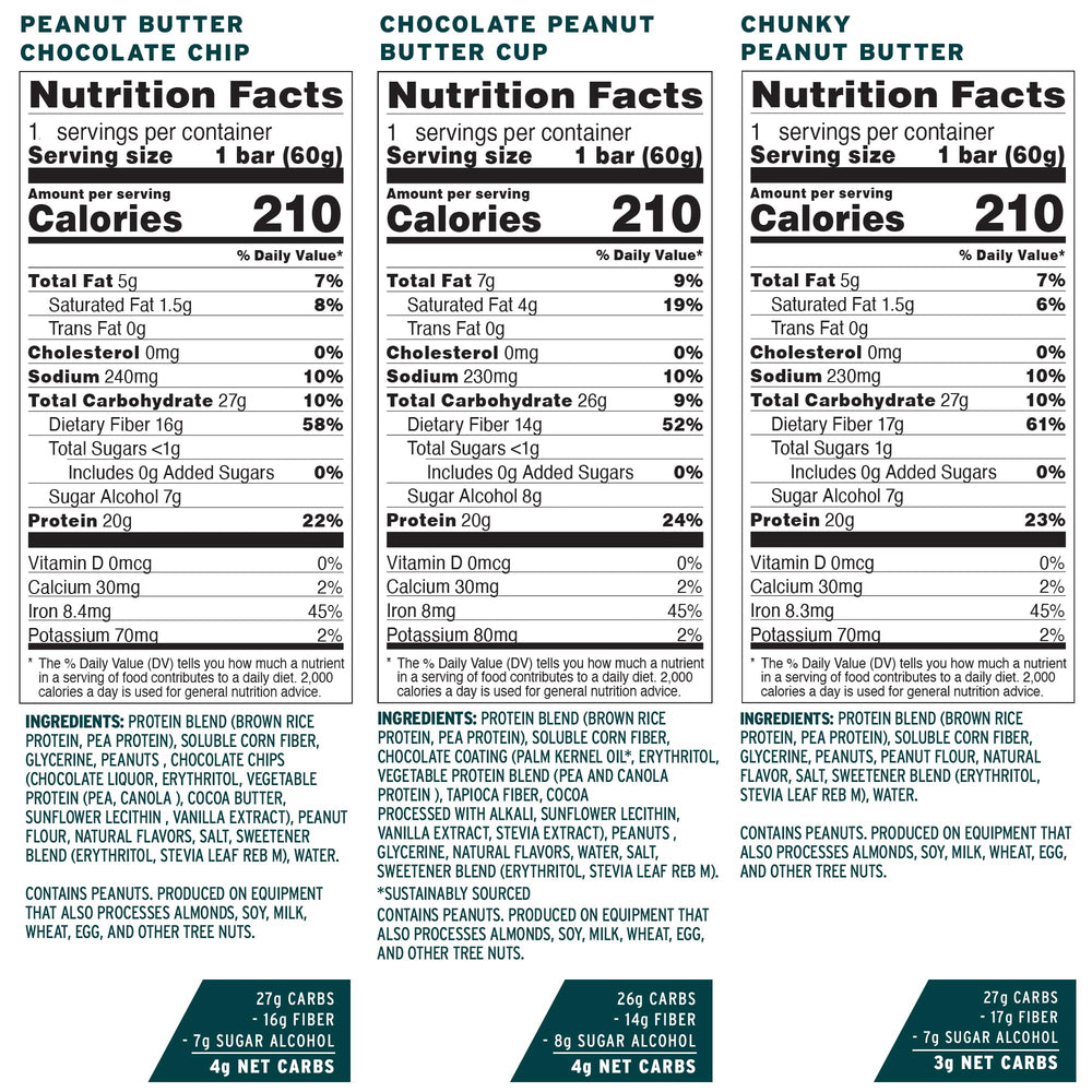 No Cow peanut butter bars nutrition panel—20g protein and low sugar per bar.