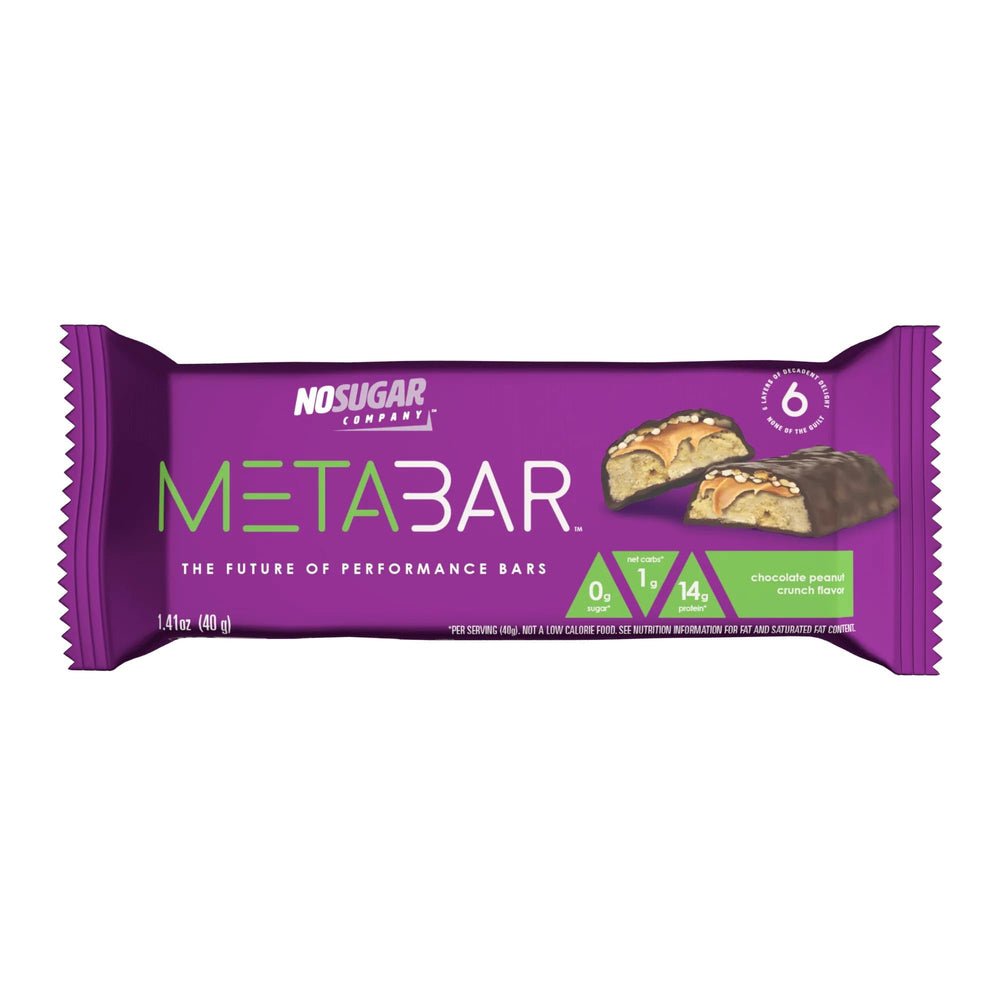 No Sugar META BAR dark chocolate coating detail signals premium finish.