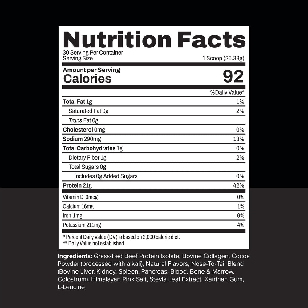 Noble Origins nutrition facts panel close-up shows zero carb and no fillers.
