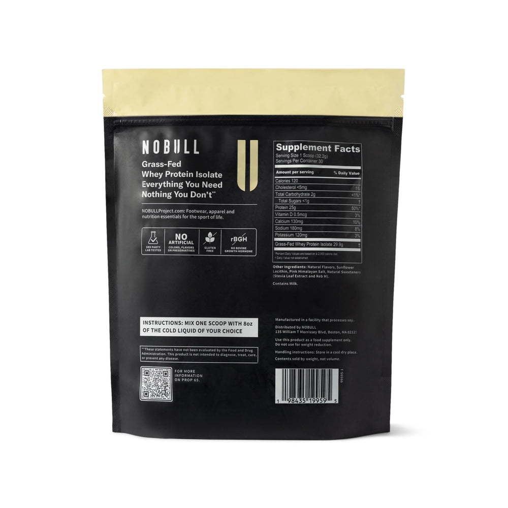 NOBULL grass-fed label close-up emphasizing clean ingredients and quality.