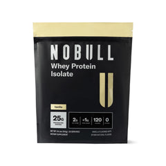 NOBULL grass-fed whey protein isolate vanilla tub highlighting premium nutrition for workouts.
