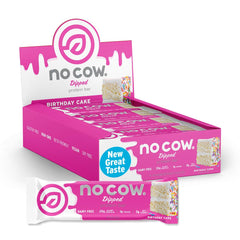 No Cow Upgraded Birthday Cake bar pack front shows a protein-packed snack for active days.