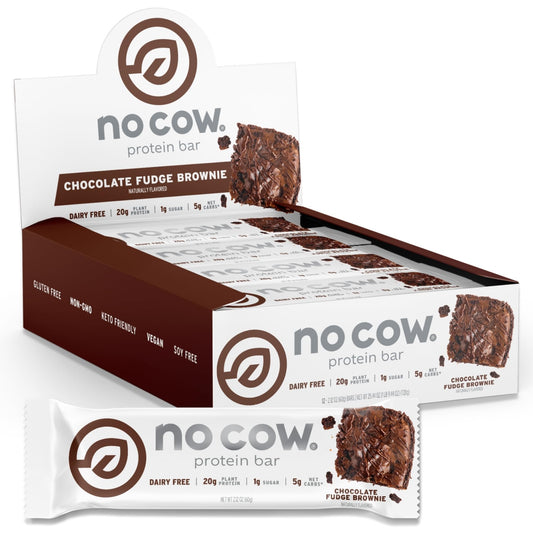 No Cow upgraded chocolate fudge brownie bar, protein-packed snack for workouts.