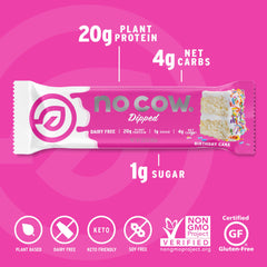 No Cow vegan protein bar ingredients list highlights gluten-free, dairy-free, soy-free plant-based nutrition.