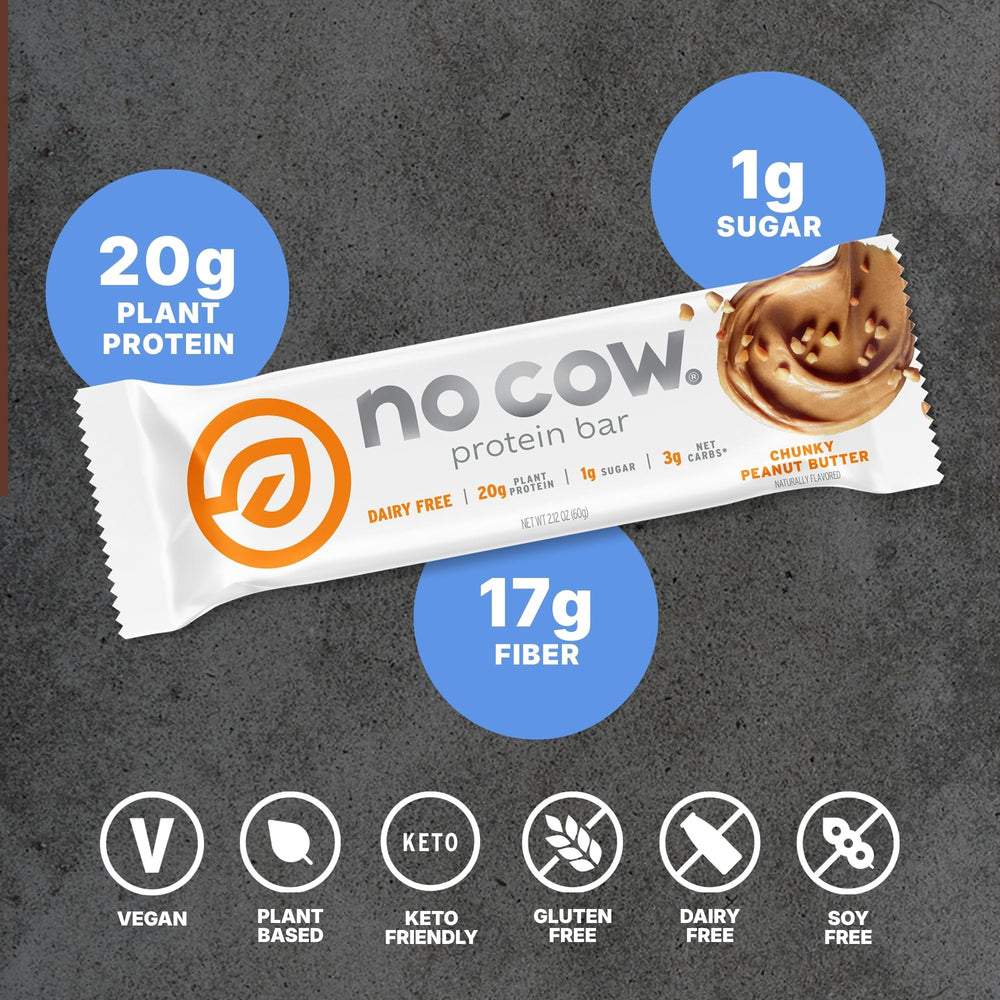 No Cow bar unwrapped to reveal chunky peanut butter texture and natural ingredients.
