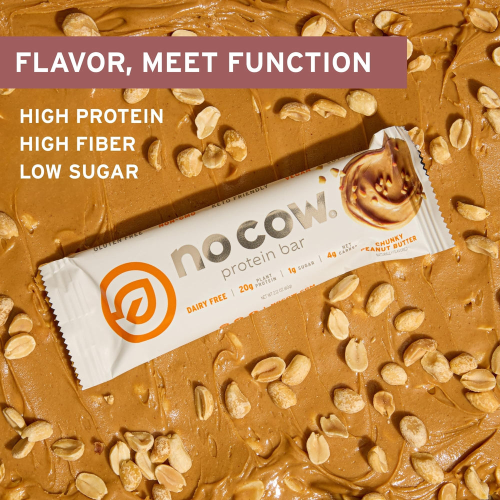 No Cow vegan bar label shows gluten-free and dairy-free options for allergen-conscious snack.