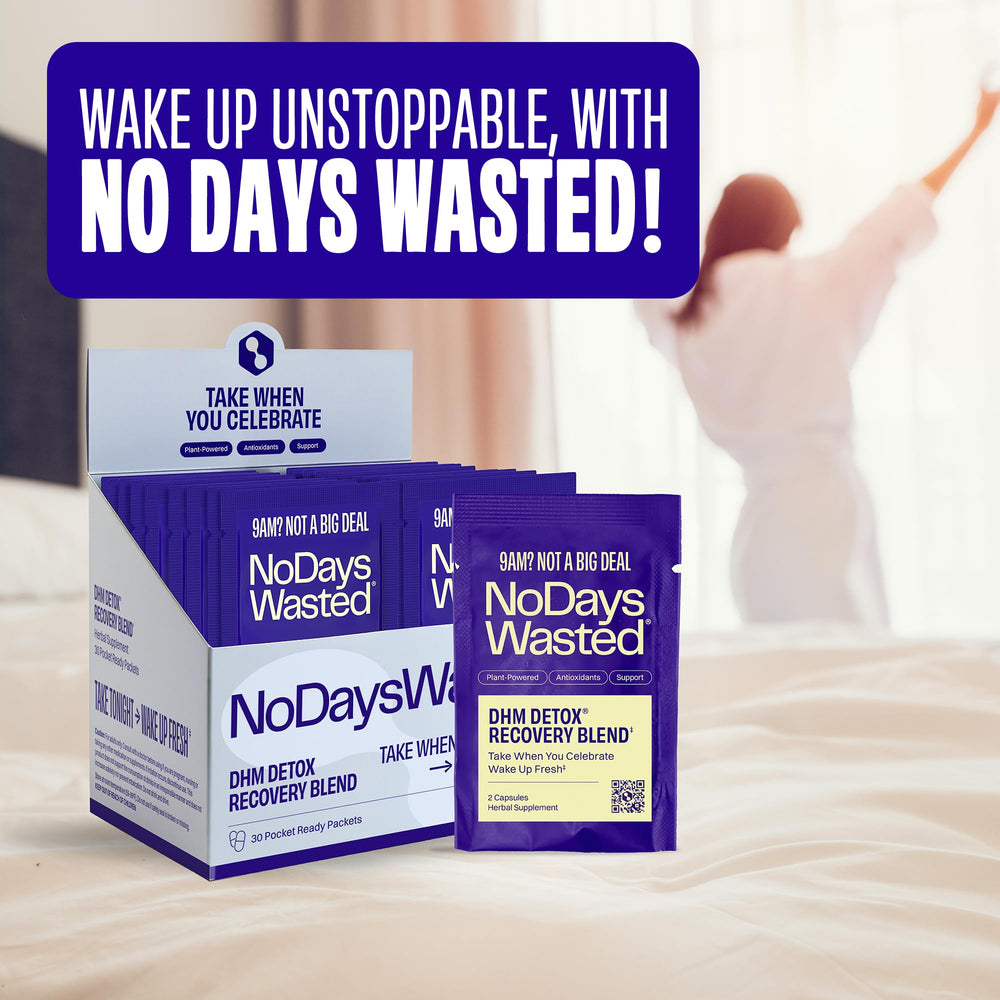 No Days Wasted DHM Detox bottle label closeup emphasizes science-backed ingredients