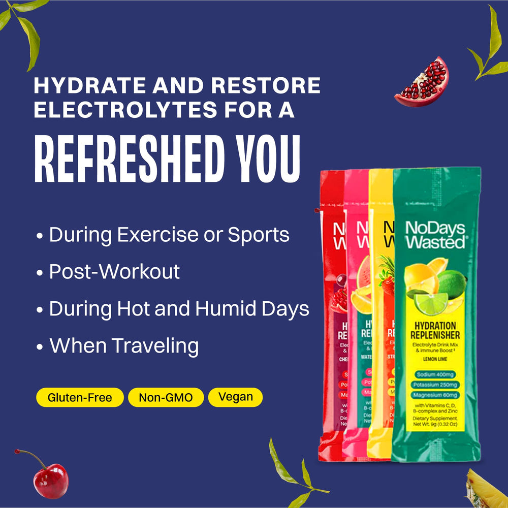 No Days Wasted Hydration Replenisher Cherry Pomegranate stick packet supports post-workout balance.