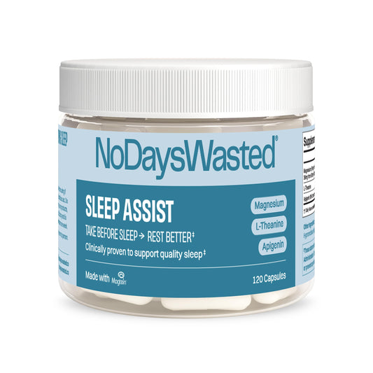 No Days Wasted Rest Assist bottle on a nightstand for a calm bedtime routine.