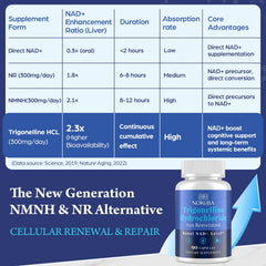 Nokuba trigonelline HCL 500mg capsules highlighting NMNH alternative option