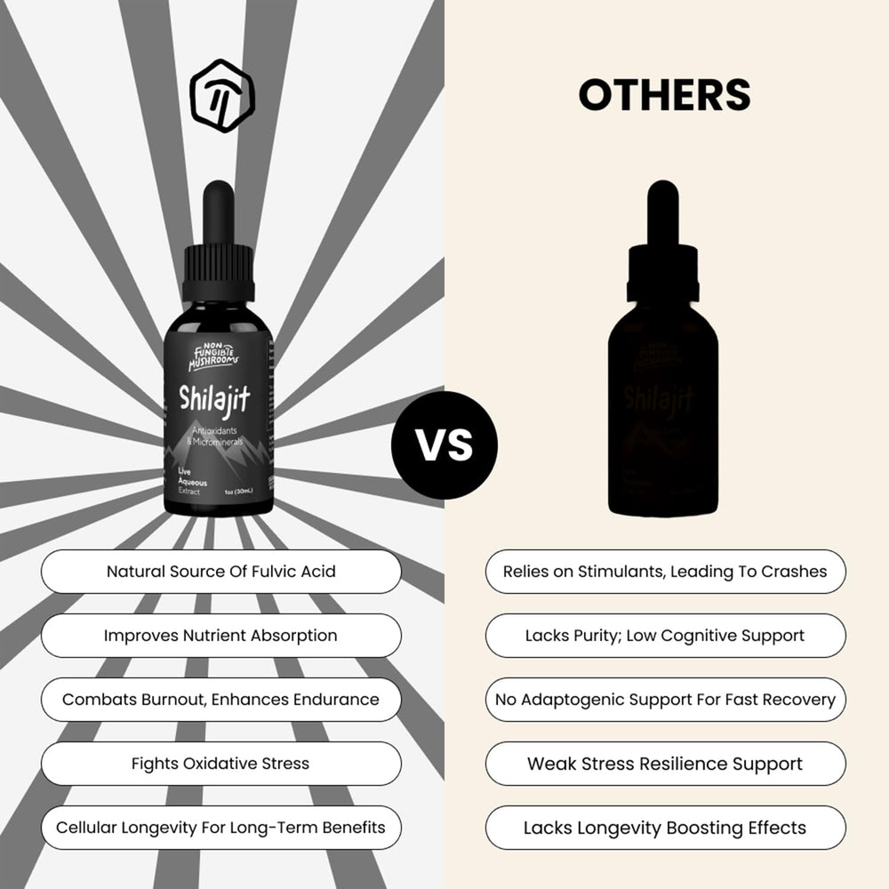 Close-up of fulvic acid label on Non Fungible Mushrooms Shilajit bottle.