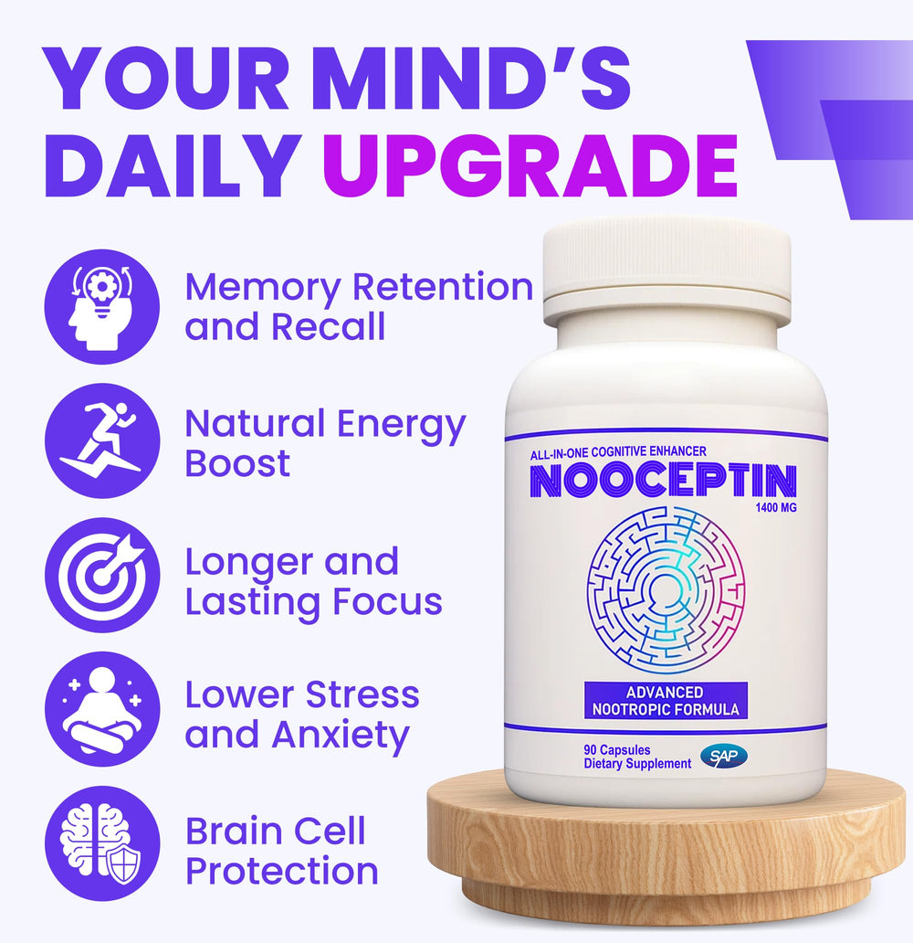 NOOCEPTIN capsules closeup highlights compact nootropic formula supporting daily concentration.