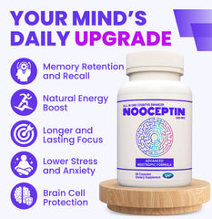 NOOCEPTIN capsules closeup highlights compact nootropic formula supporting daily concentration.