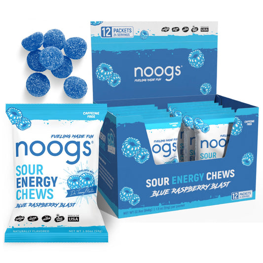 Noogs Sour Energy Chews blue raspberry bottle for on-the-go fueling.