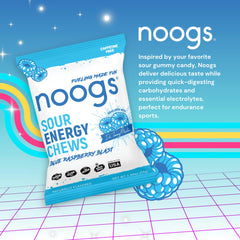 Noogs Sour Energy Chews blue raspberry pack ready for workouts.