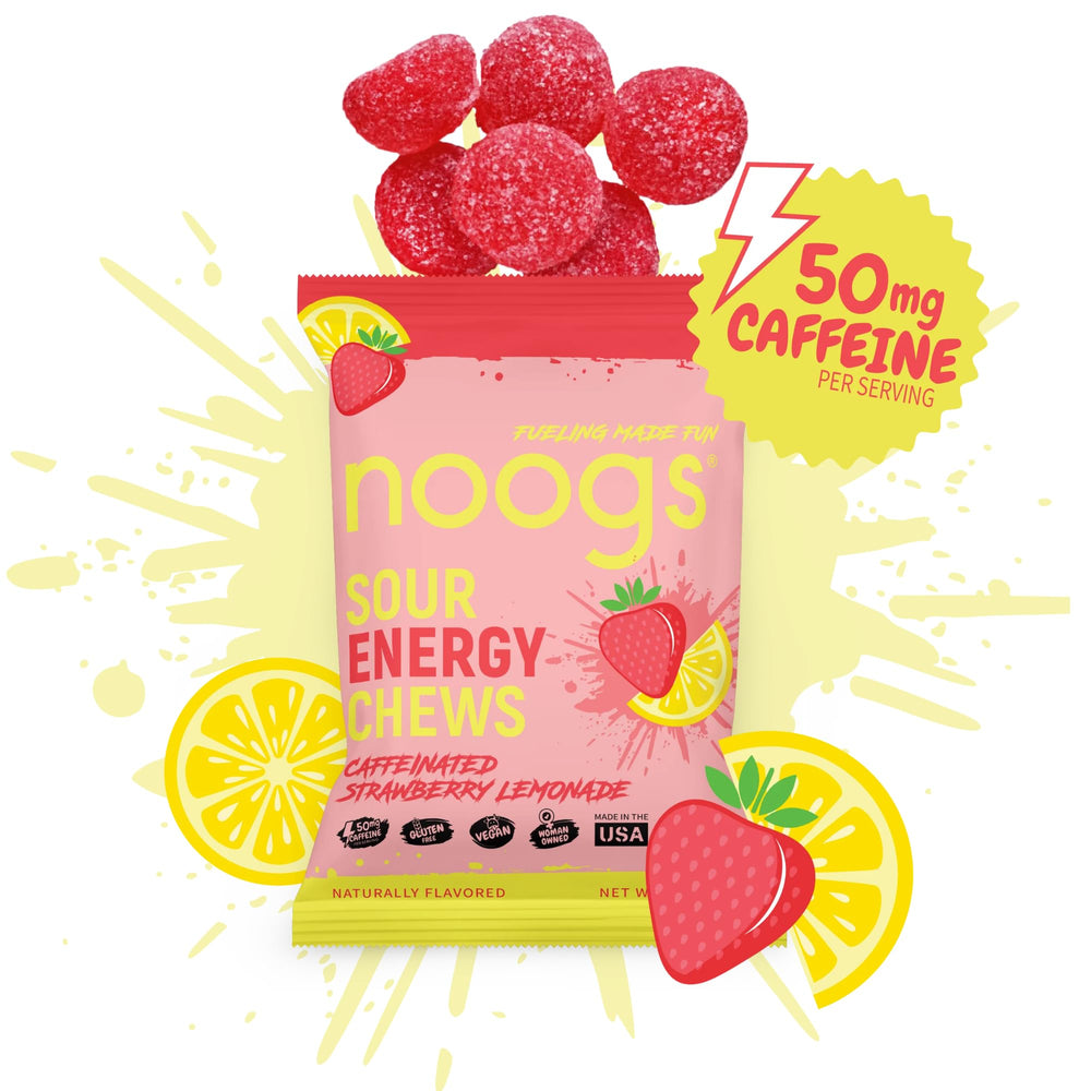 Noogs Sour Energy Chews close-up shows chewy texture and strawberry lemonade flavor.