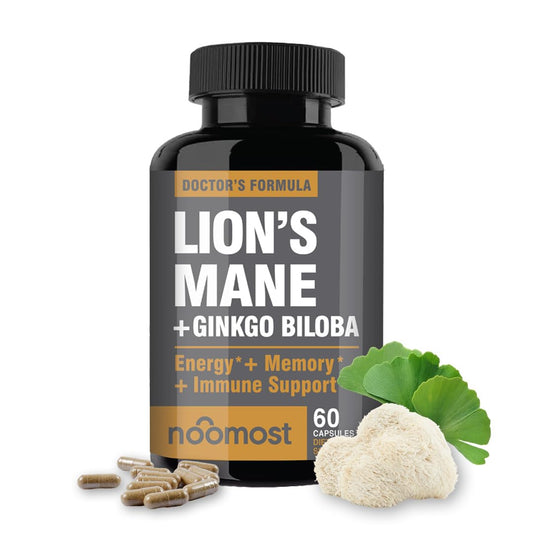 NooMost Lions Mane capsules bottle, a brain health supplement for daily focus.