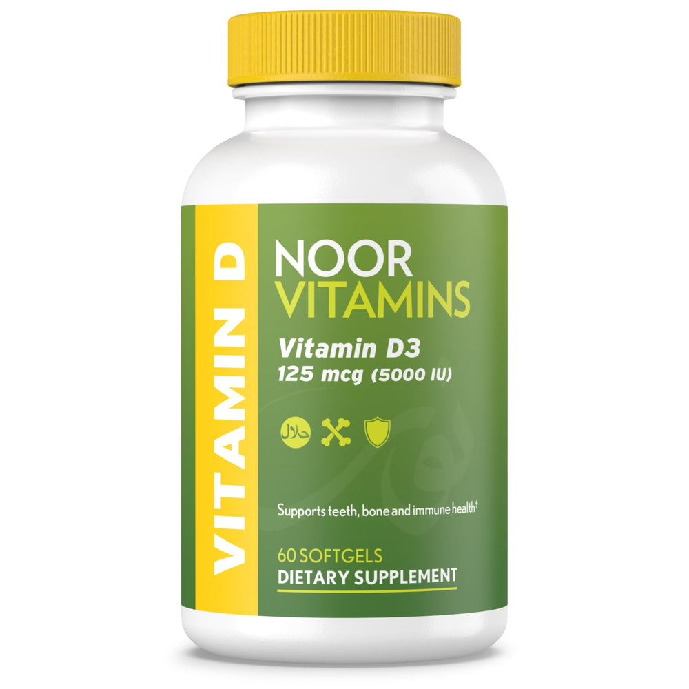 Noor Vitamins D3 softgel bottle for daily bone and immune support.