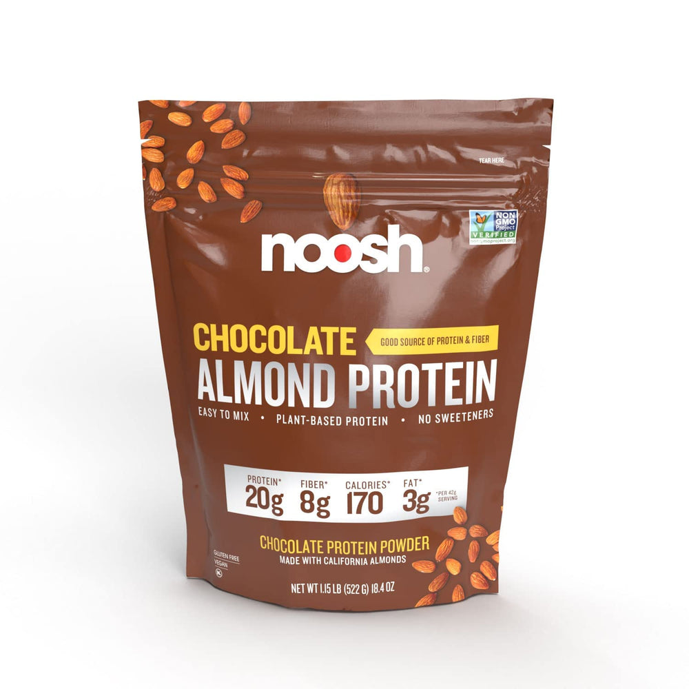 NOOSH almond protein powder chocolate tub with 20 g protein per serving for shakes and smoothies