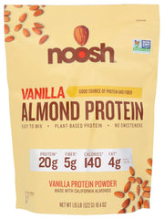 NOOSH vanilla almond protein powder jar front, premium, gluten-free formula