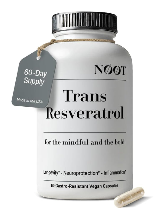 NOOT Trans-Resveratrol bottle front signals premium longevity support.