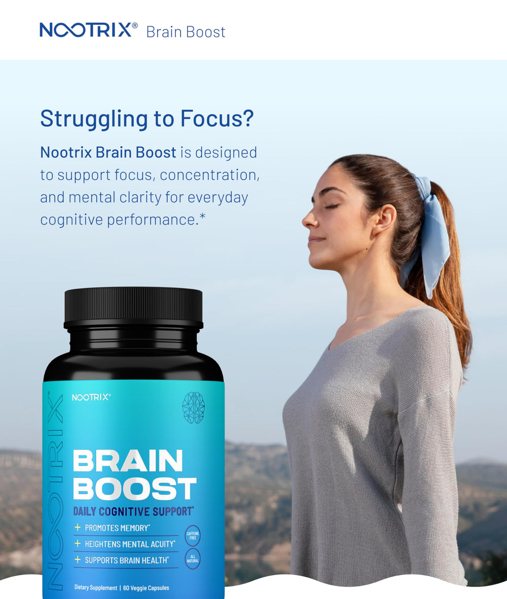 Nootrix Brain Boost capsules close-up showing the non-GMO, gluten- and dairy-free formula.