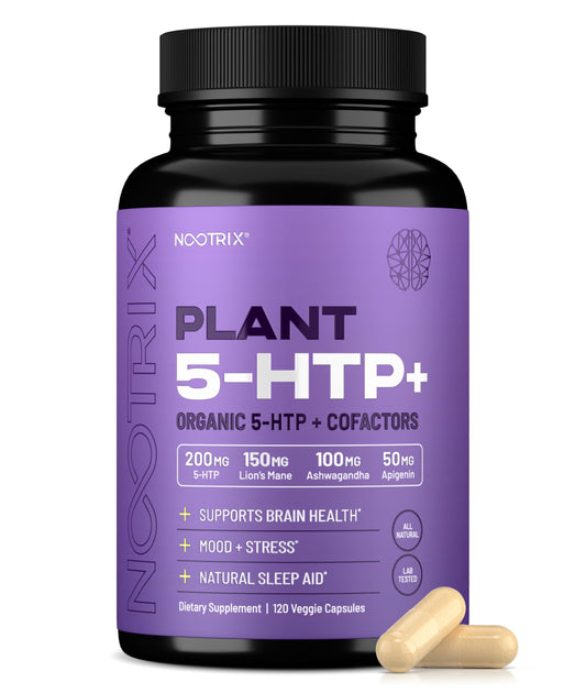 Nootrix Organic 5HTP Plus bottle promotes restful sleep and daytime focus.