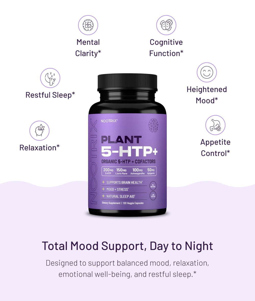 Nootrix Organic 5HTP Plus capsules on white surface for daily use.